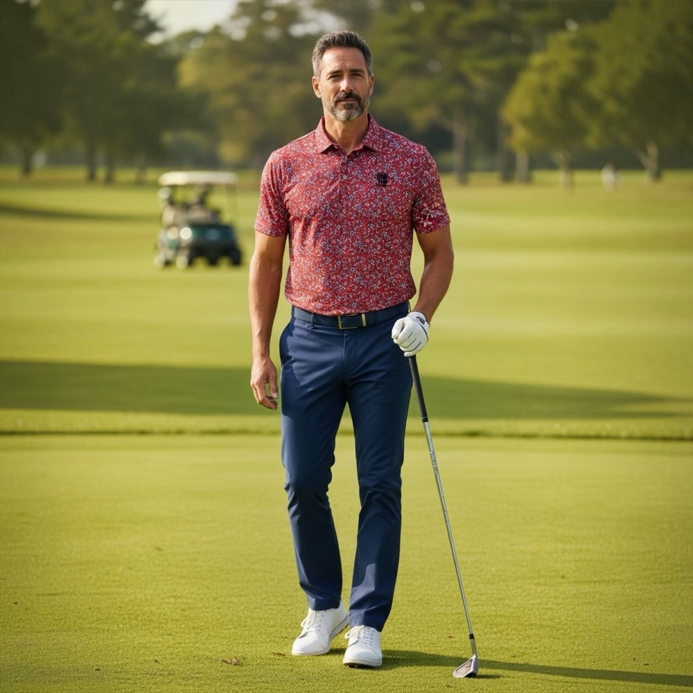Straight Down Men's Medium Golf Polo TPC Sawgrass PGA Tour in red Floral Design